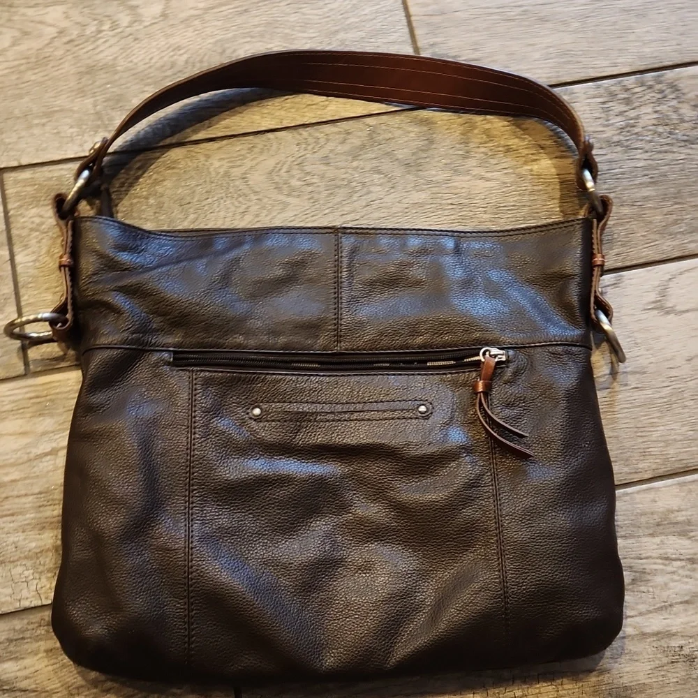 Nino Bossi Chocolate Brown Pebble Leather Hobo Bag - Floral Lining